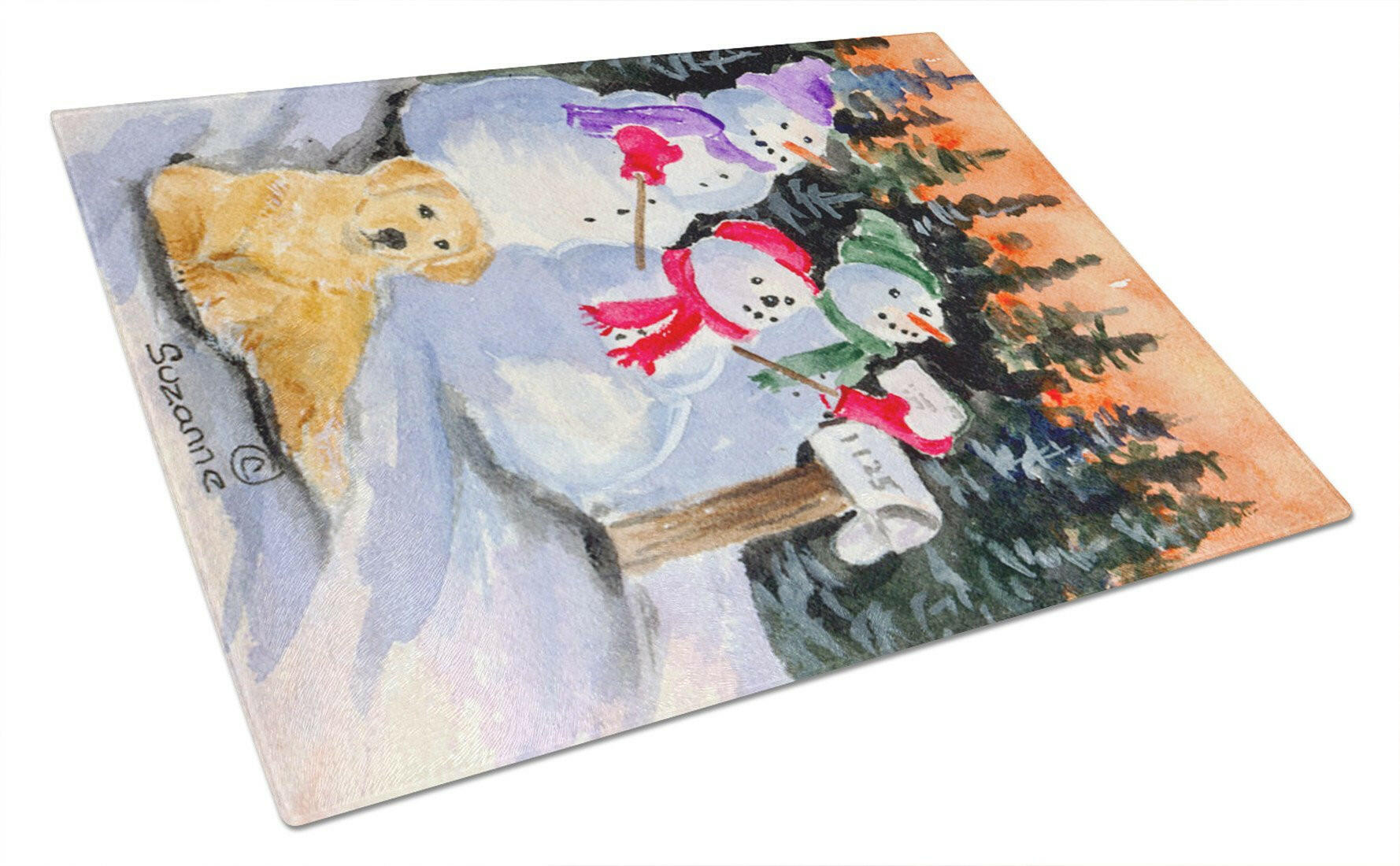Snowman with Golden Retriever Cutting Board Tempered Glass Kitchen Cutting Surface, Heat Resistant Chopping, Non-Slip Feet, Food Prep & Serving