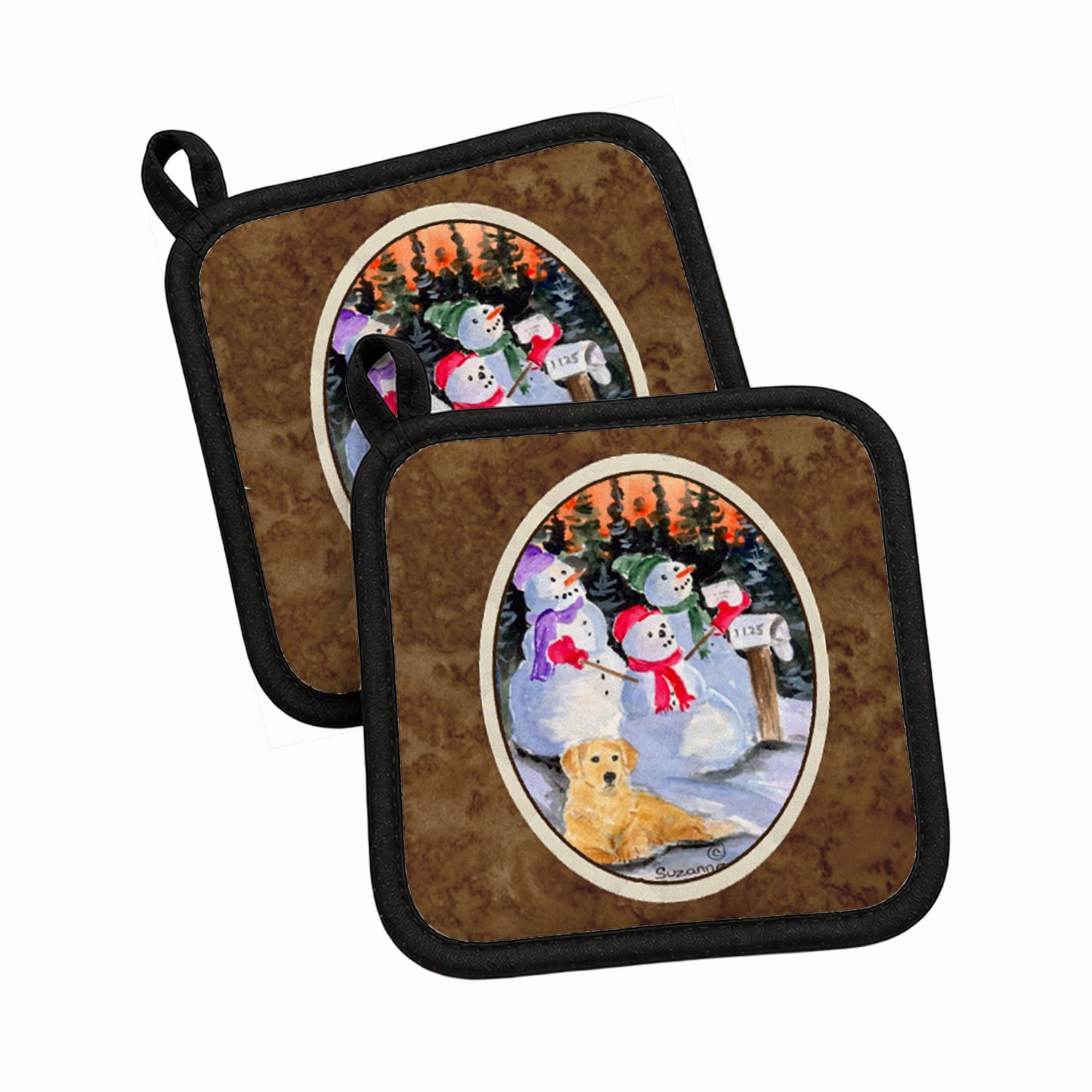 Snowman with Golden Retriever Pot Holder Set of 2 Heat Resistant Quilted Hot Pads 7.5 x 7.5 Inch, Insulated Kitchen Trivets for Cooking & Baking