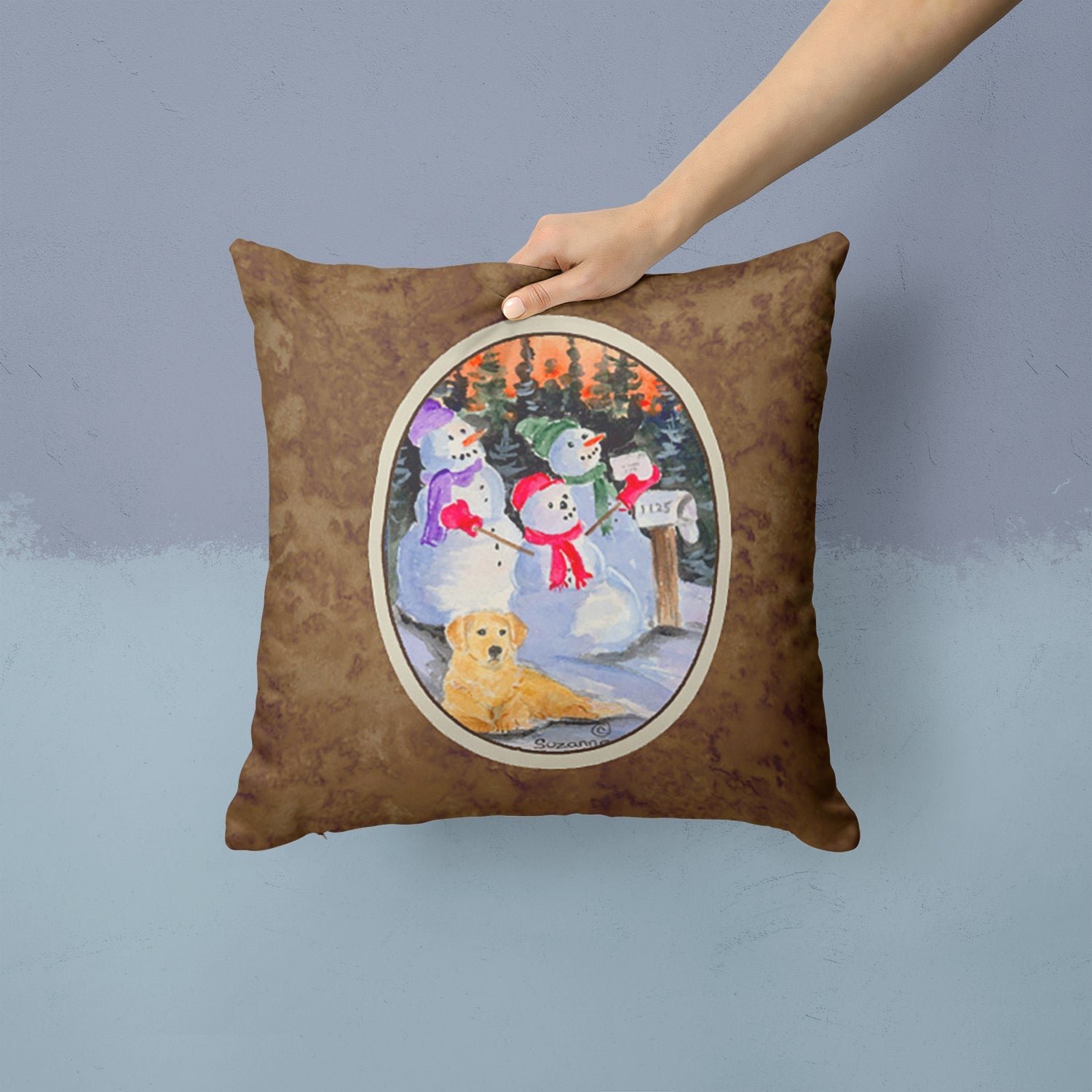 Snowman with Golden Retriever Decorative Throw Pillow 14x14 Indoor Outdoor Accent Cushion, Fabric Cover with Insert for Sofa, Bed, Porch & Living Room