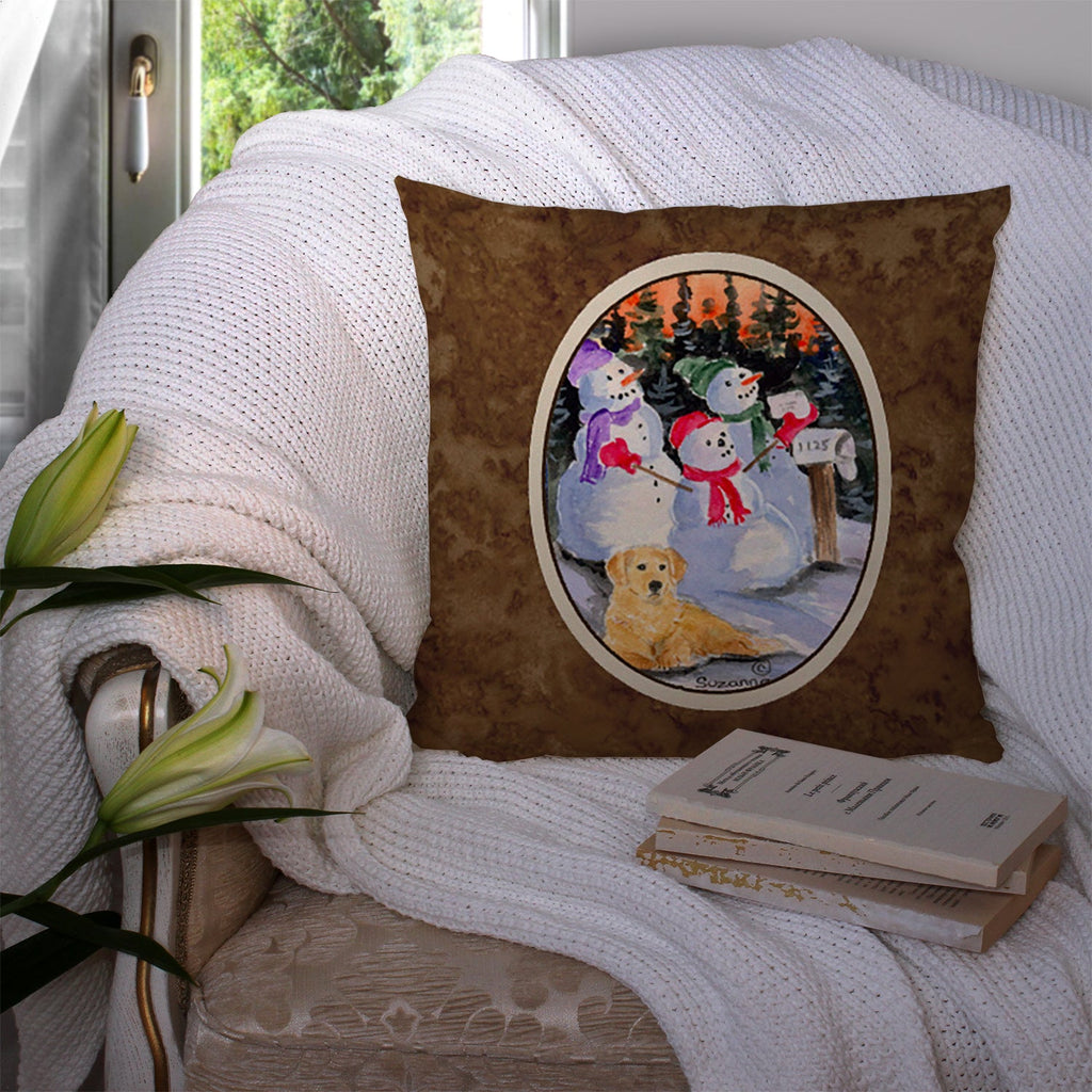 Snowman with Golden Retriever Decorative Throw Pillow 14x14 Indoor Outdoor Accent Cushion, Fabric Cover with Insert for Sofa, Bed, Porch & Living Room