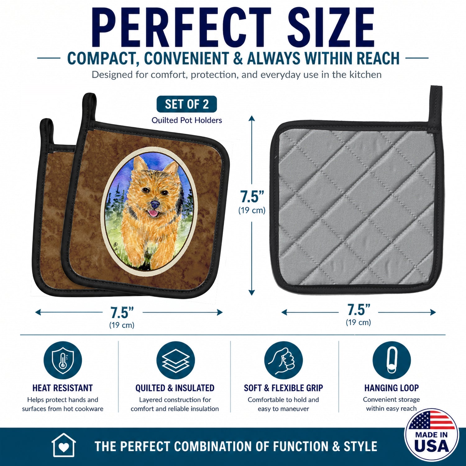 Norwich Terrier Pot Holder Set of 2 Heat Resistant Quilted Hot Pads 7.5 x 7.5 Inch, Insulated Kitchen Trivets for Cooking & Baking