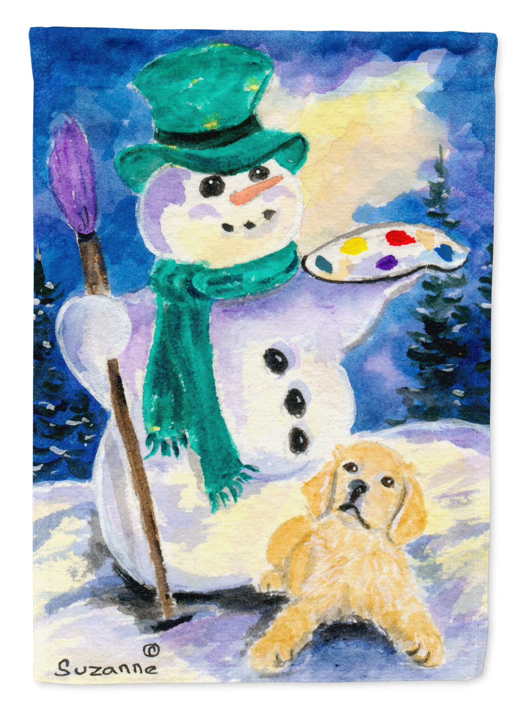Snowman with Golden Retriever House Flag 28x40 Porch Sleeve Pole Decorative Outside Yard Banner Artwork Wall Hanging, Polyester
