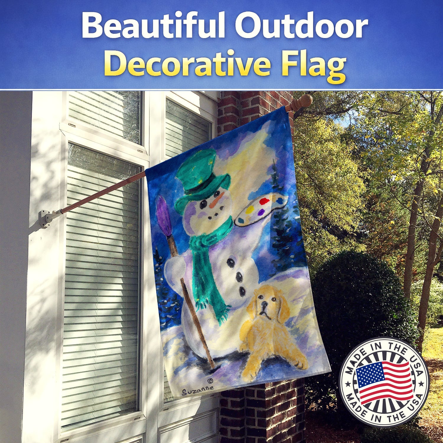Snowman with Golden Retriever House Flag 28x40 Porch Sleeve Pole Decorative Outside Yard Banner Artwork Wall Hanging, Polyester
