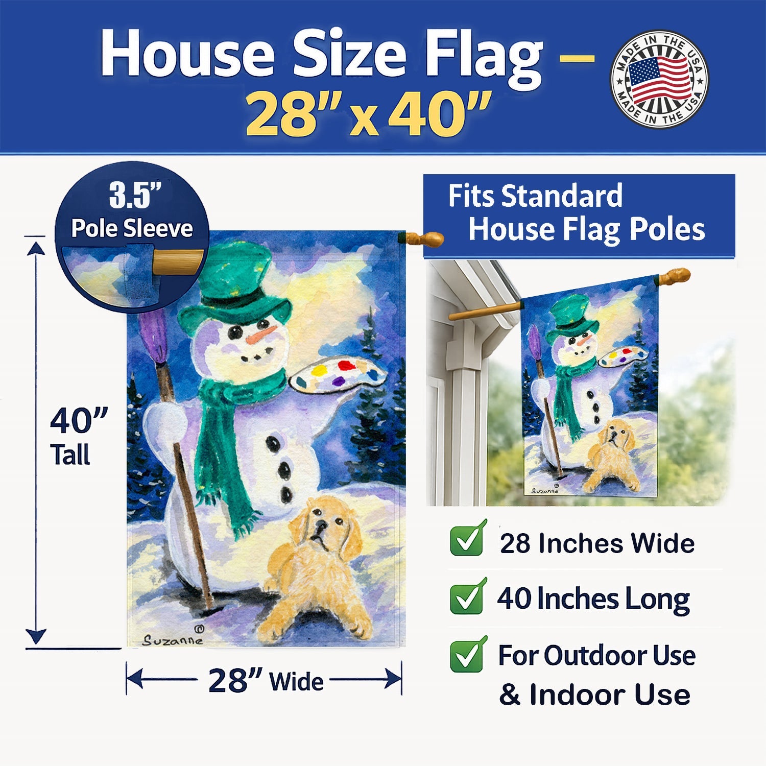 Snowman with Golden Retriever House Flag 28x40 Porch Sleeve Pole Decorative Outside Yard Banner Artwork Wall Hanging, Polyester