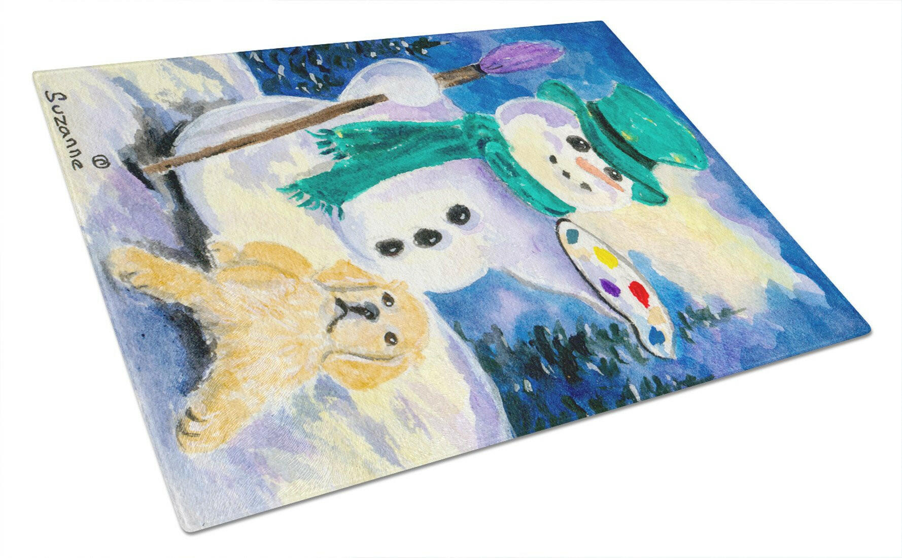 Snowman with Golden Retriever Cutting Board Tempered Glass Kitchen Cutting Surface, Heat Resistant Chopping, Non-Slip Feet, Food Prep & Serving