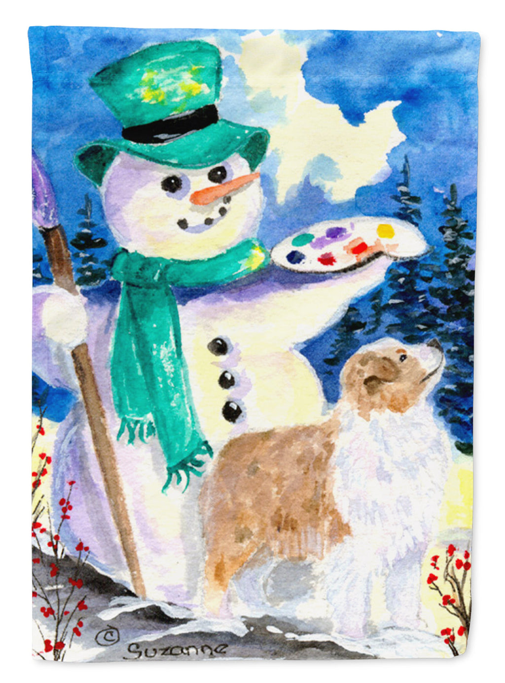 Snowman with Australian Shepherd House Flag 28x40 Porch Sleeve Pole Decorative Outside Yard Banner Artwork Wall Hanging, Polyester