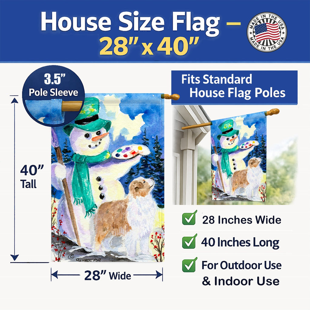 Snowman with Australian Shepherd House Flag 28x40 Porch Sleeve Pole Decorative Outside Yard Banner Artwork Wall Hanging, Polyester