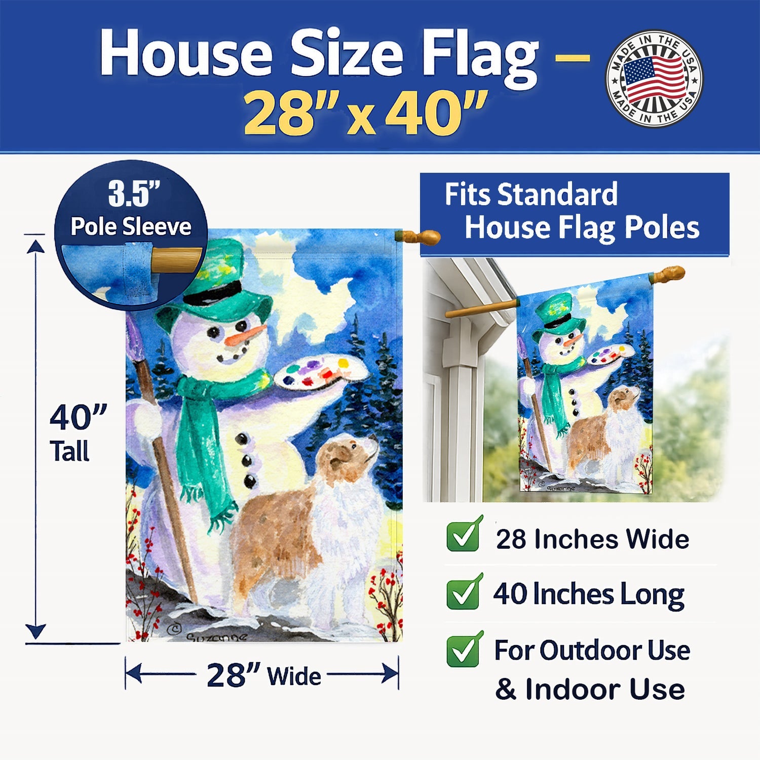 Snowman with Australian Shepherd House Flag 28x40 Porch Sleeve Pole Decorative Outside Yard Banner Artwork Wall Hanging, Polyester