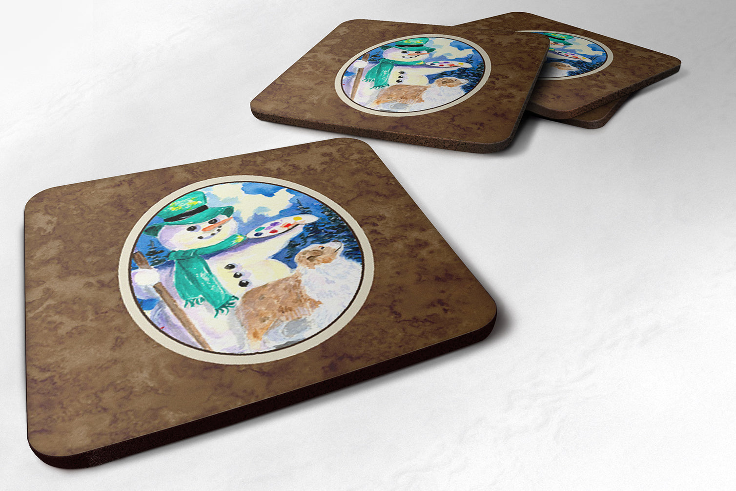 Snowman with Australian Shepherd Foam Coasters Set of 4 Cup Coasters for Indoor Outdoor, Tabletop Protection, Anti Slip, Mouse pad Material
