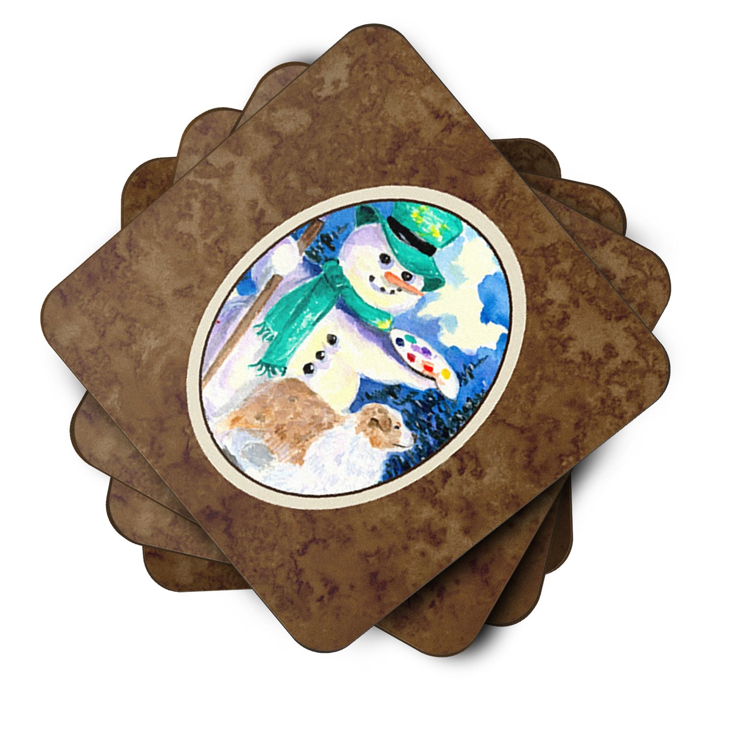 Snowman with Australian Shepherd Foam Coasters Set of 4 Cup Coasters for Indoor Outdoor, Tabletop Protection, Anti Slip, Mouse pad Material