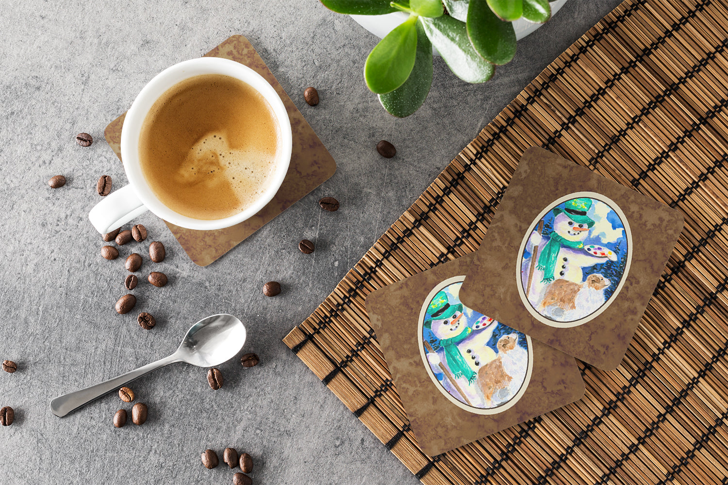 Snowman with Australian Shepherd Foam Coasters Set of 4 Cup Coasters for Indoor Outdoor, Tabletop Protection, Anti Slip, Mouse pad Material