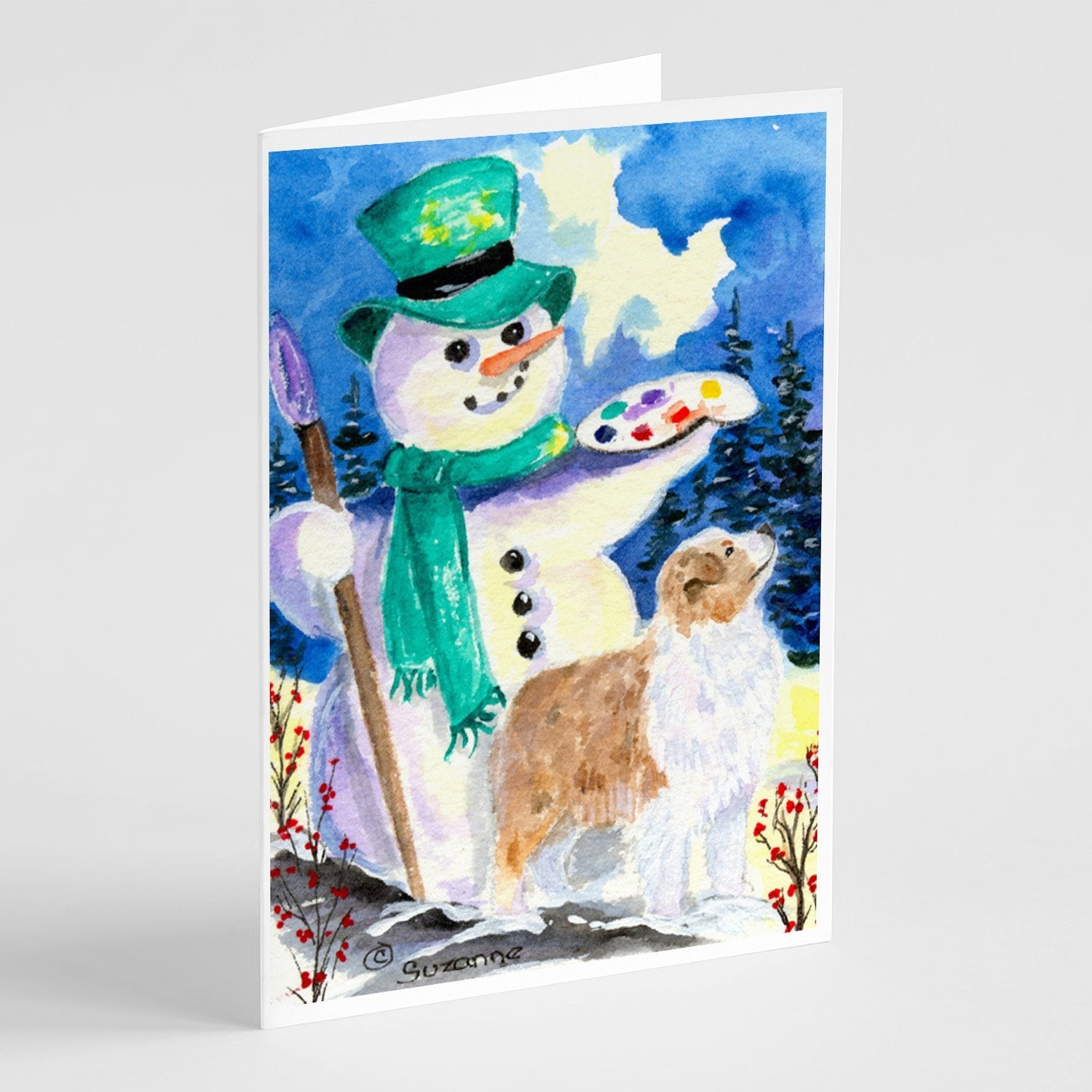 Snowman with Australian Shepherd Greeting Cards Pack of 8 Blank Cards with Envelopes Whimsical A7 Size 5x7