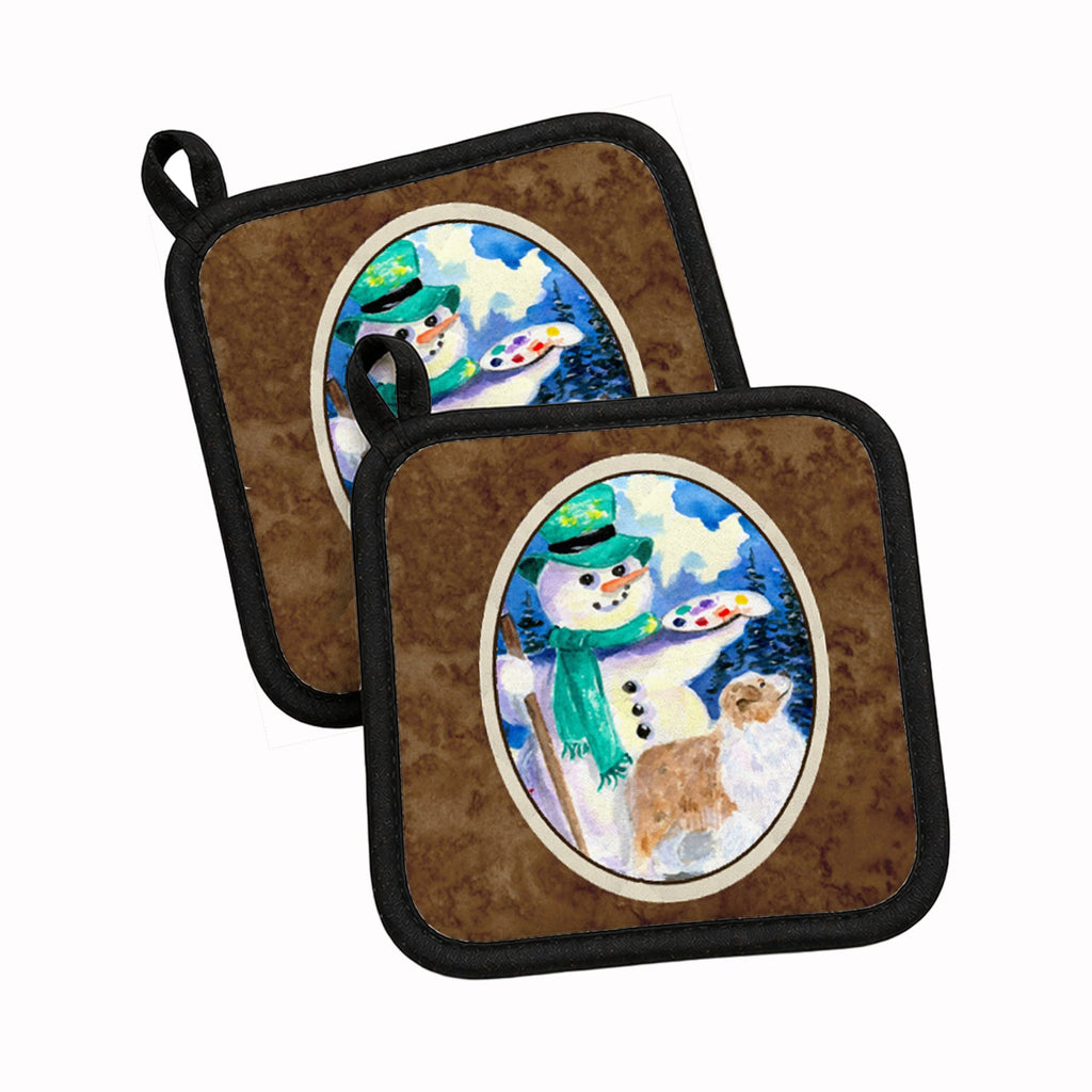 Snowman with Australian Shepherd Pot Holder Set of 2 Heat Resistant Quilted Hot Pads 7.5 x 7.5 Inch, Insulated Kitchen Trivets for Cooking & Baking