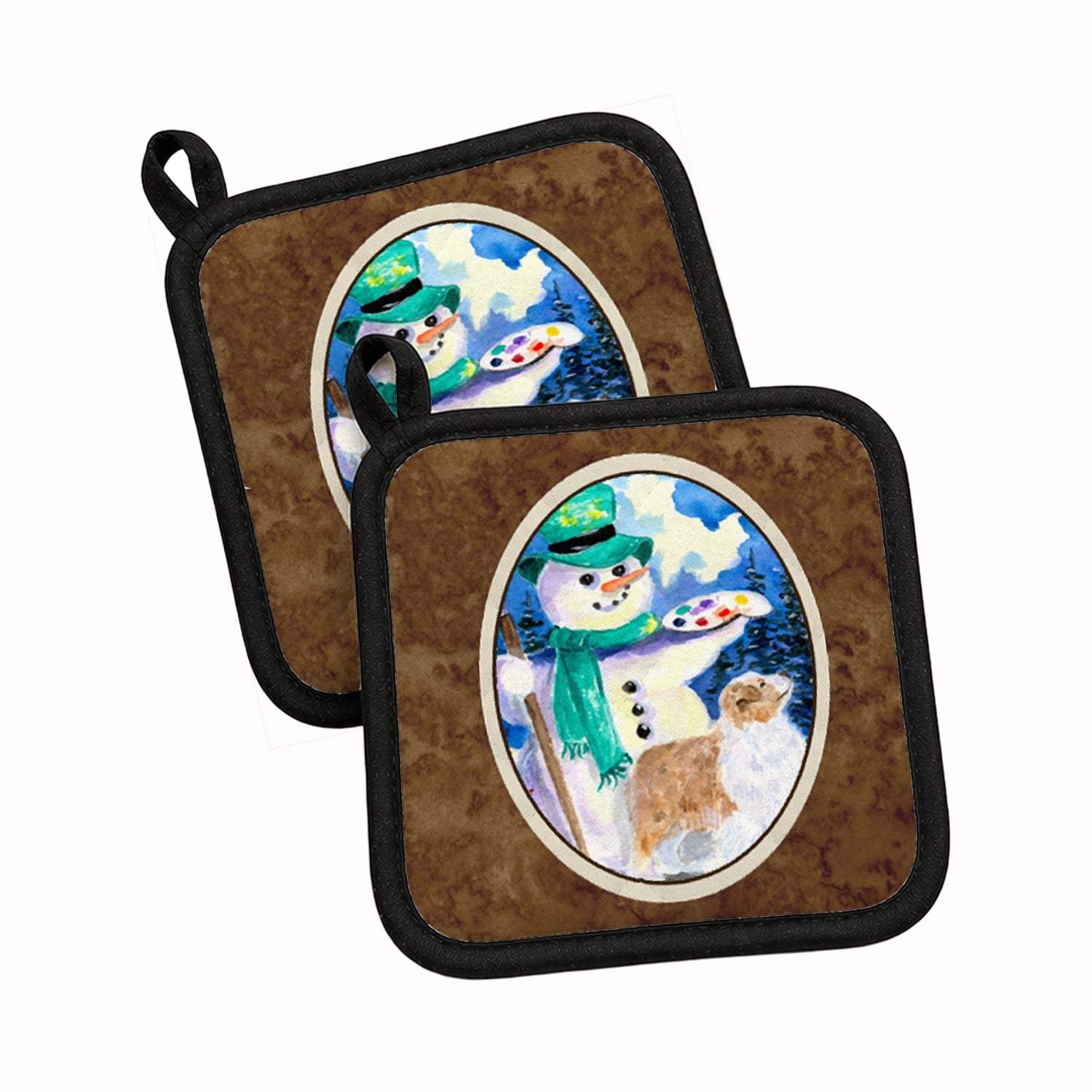 Snowman with Australian Shepherd Pot Holder Set of 2 Heat Resistant Quilted Hot Pads 7.5 x 7.5 Inch, Insulated Kitchen Trivets for Cooking & Baking
