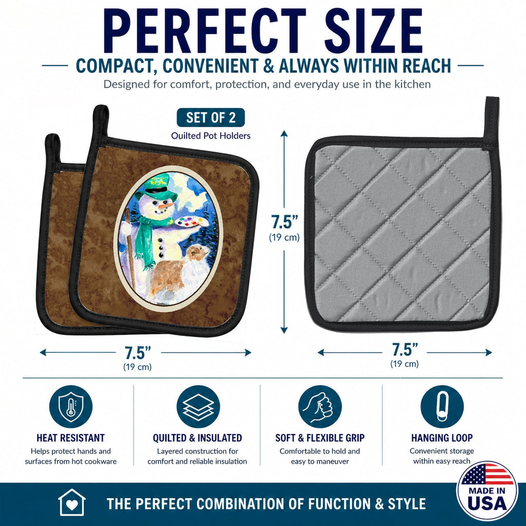 Snowman with Australian Shepherd Pot Holder Set of 2 Heat Resistant Quilted Hot Pads 7.5 x 7.5 Inch, Insulated Kitchen Trivets for Cooking & Baking