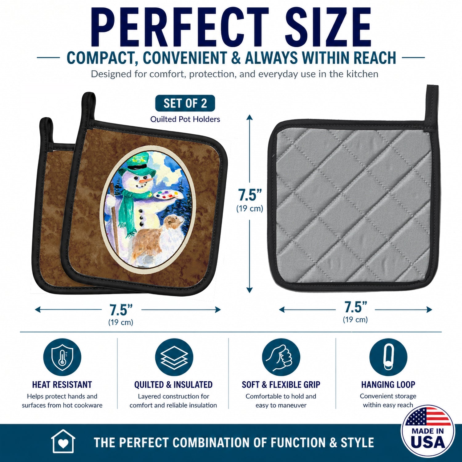 Snowman with Australian Shepherd Pot Holder Set of 2 Heat Resistant Quilted Hot Pads 7.5 x 7.5 Inch, Insulated Kitchen Trivets for Cooking & Baking