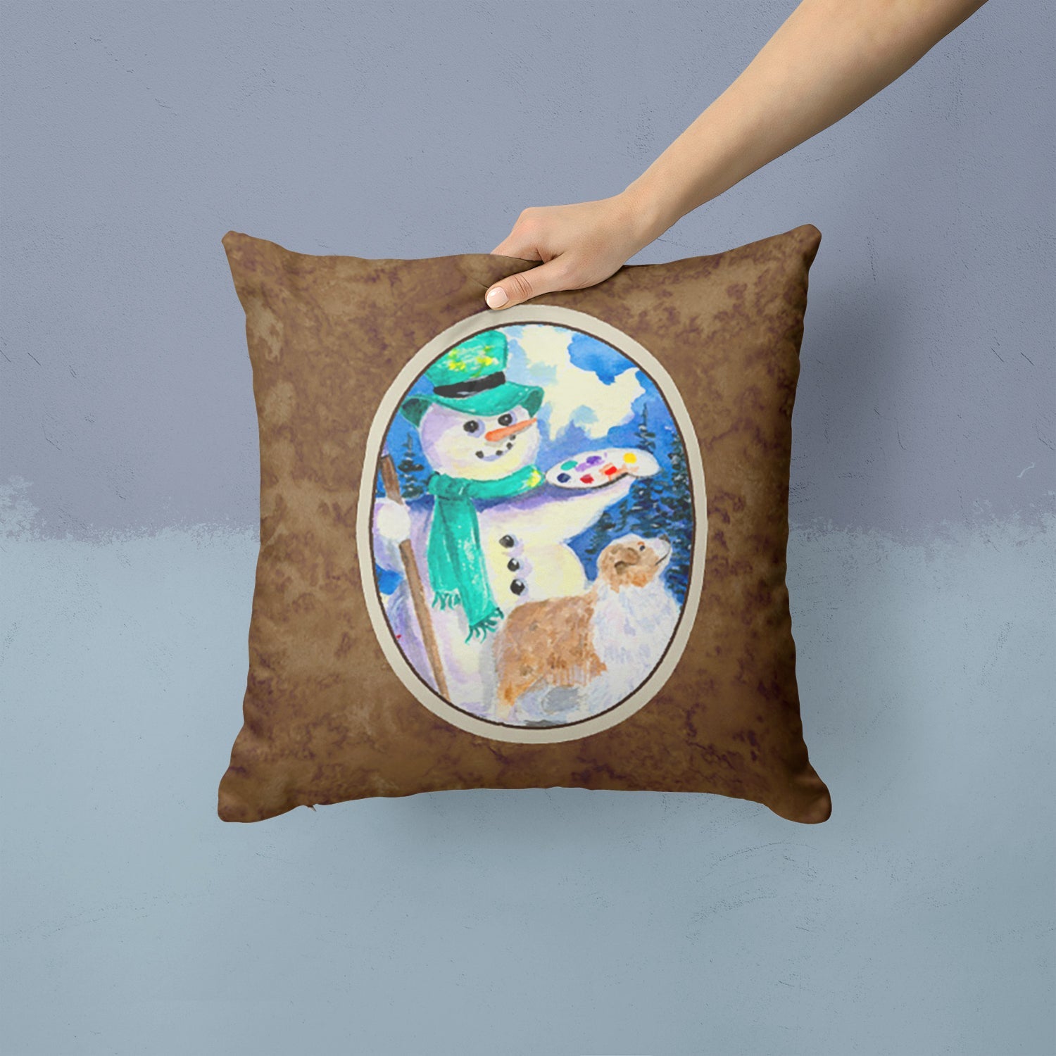 Snowman with Australian Shepherd Decorative Throw Pillow 14x14 Indoor Outdoor Accent Cushion, Fabric Cover with Insert for Sofa, Bed, Porch & Living Room