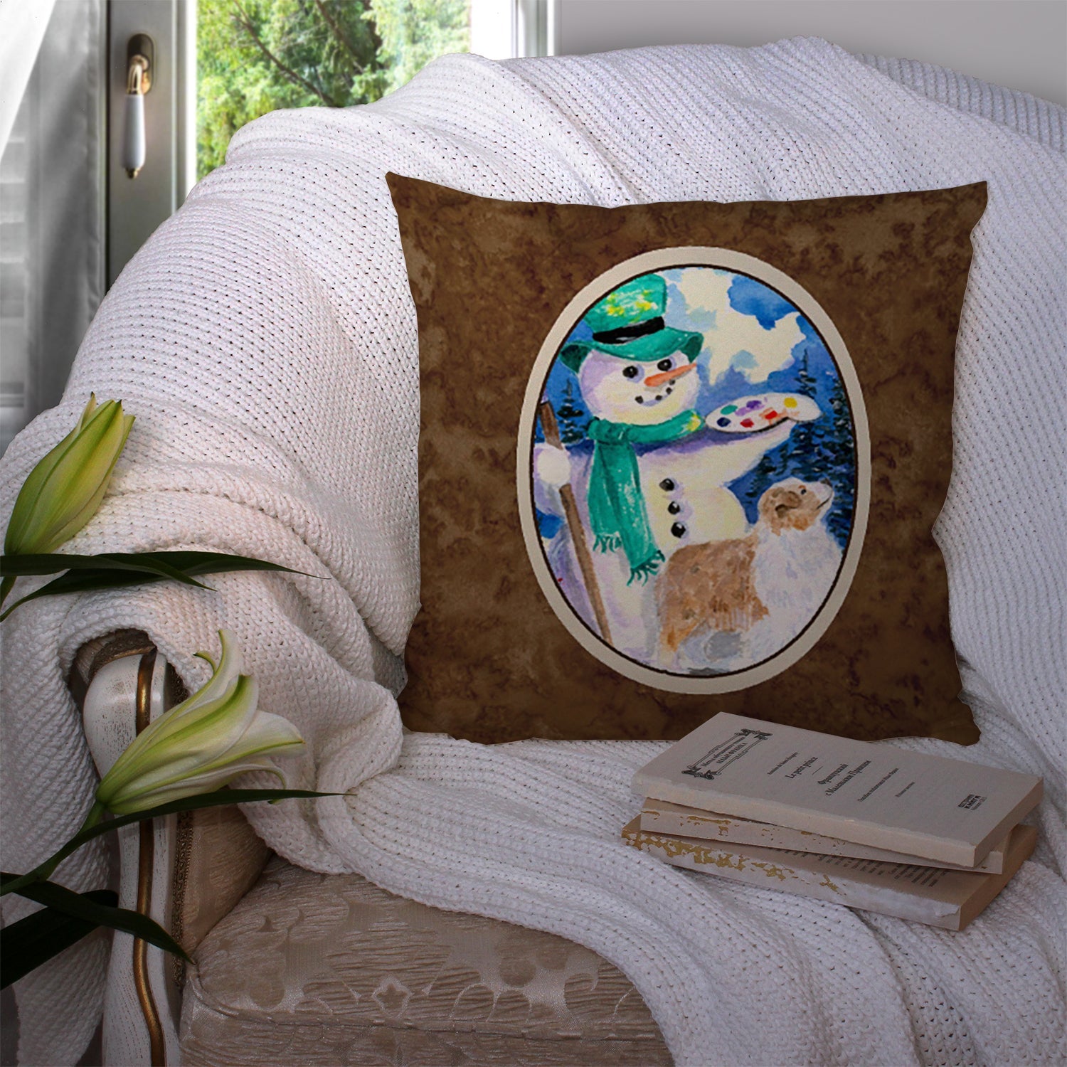Snowman with Australian Shepherd Decorative Throw Pillow 14x14 Indoor Outdoor Accent Cushion, Fabric Cover with Insert for Sofa, Bed, Porch & Living Room