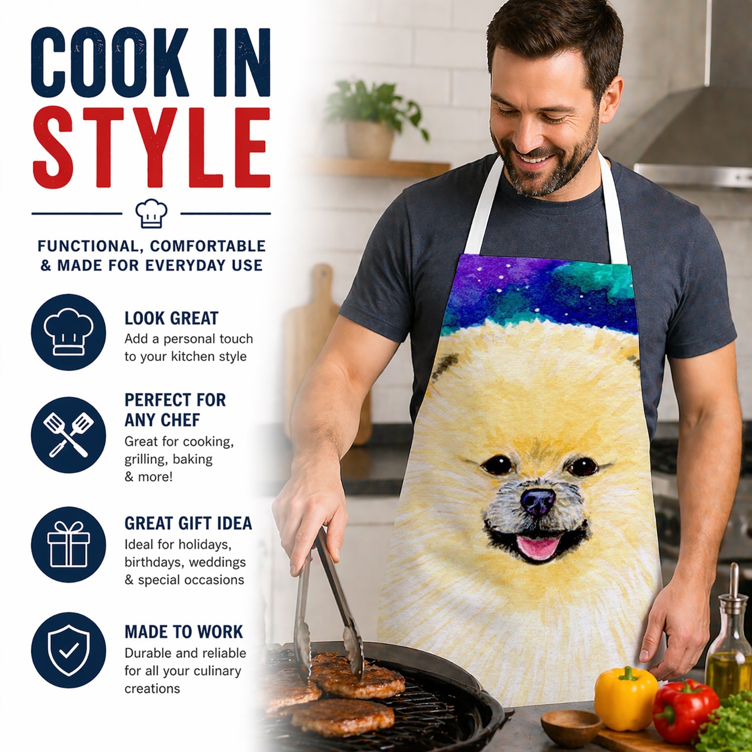 Pomeranian Apron Cooking Kitchen Server Baking Crafts Gardening for Adult Women Men, Unisex, Large, Multicolor