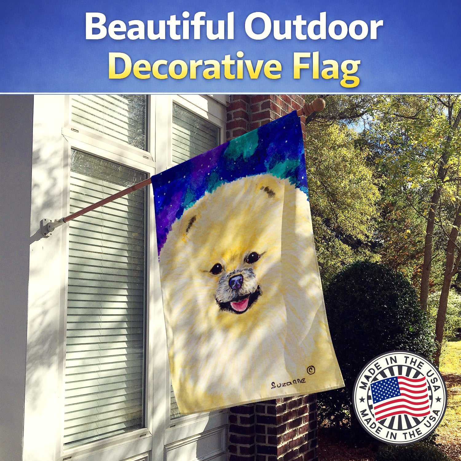 Pomeranian House Flag 28x40 Porch Sleeve Pole Decorative Outside Yard Banner Artwork Wall Hanging, Polyester