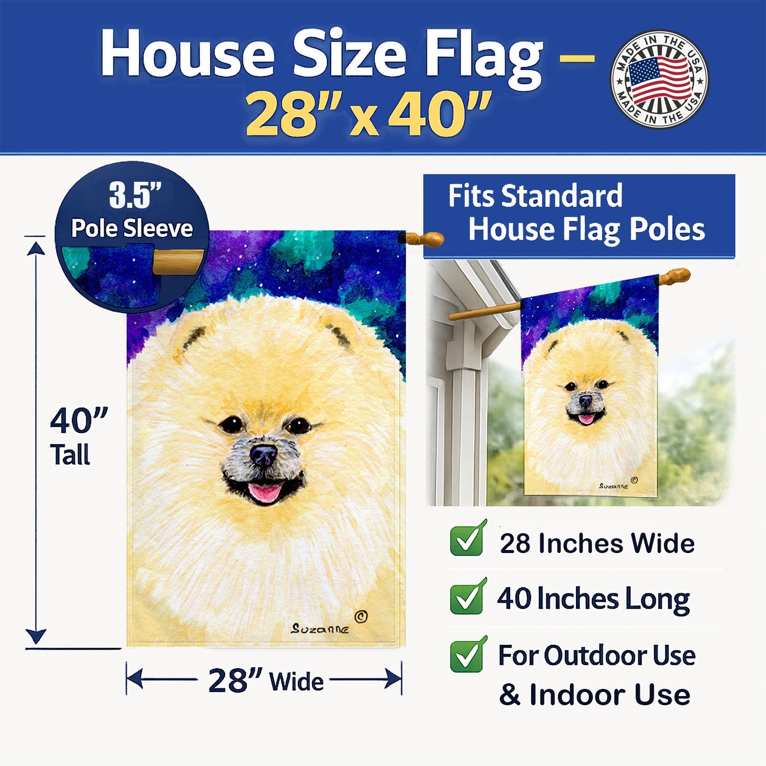 Pomeranian House Flag 28x40 Porch Sleeve Pole Decorative Outside Yard Banner Artwork Wall Hanging, Polyester