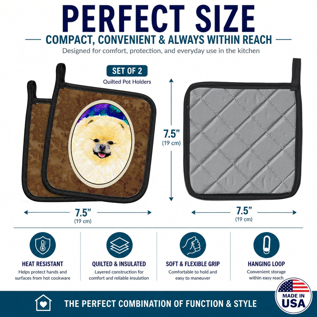 Pomeranian Pot Holder Set of 2 Heat Resistant Quilted Hot Pads 7.5 x 7.5 Inch, Insulated Kitchen Trivets for Cooking & Baking
