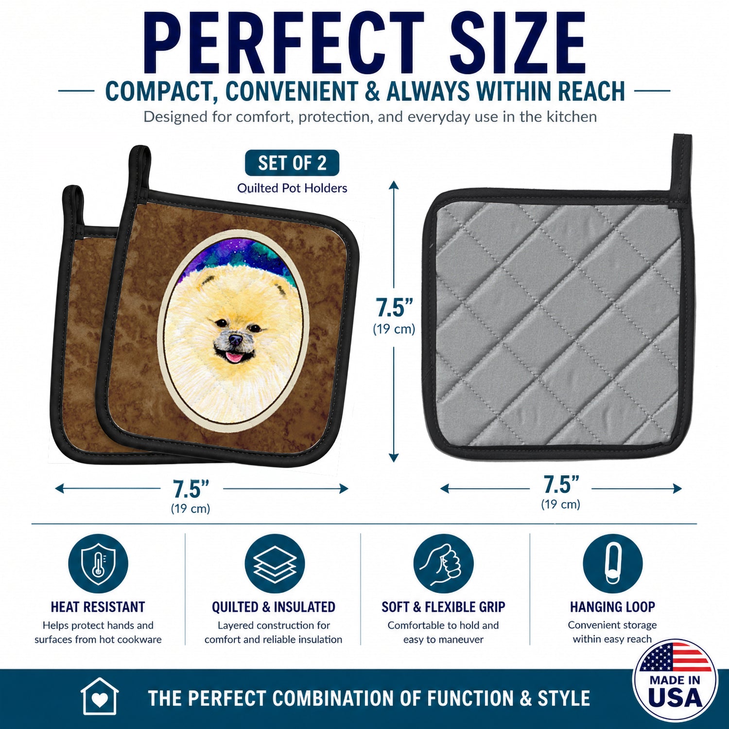 Pomeranian Pot Holder Set of 2 Heat Resistant Quilted Hot Pads 7.5 x 7.5 Inch, Insulated Kitchen Trivets for Cooking & Baking