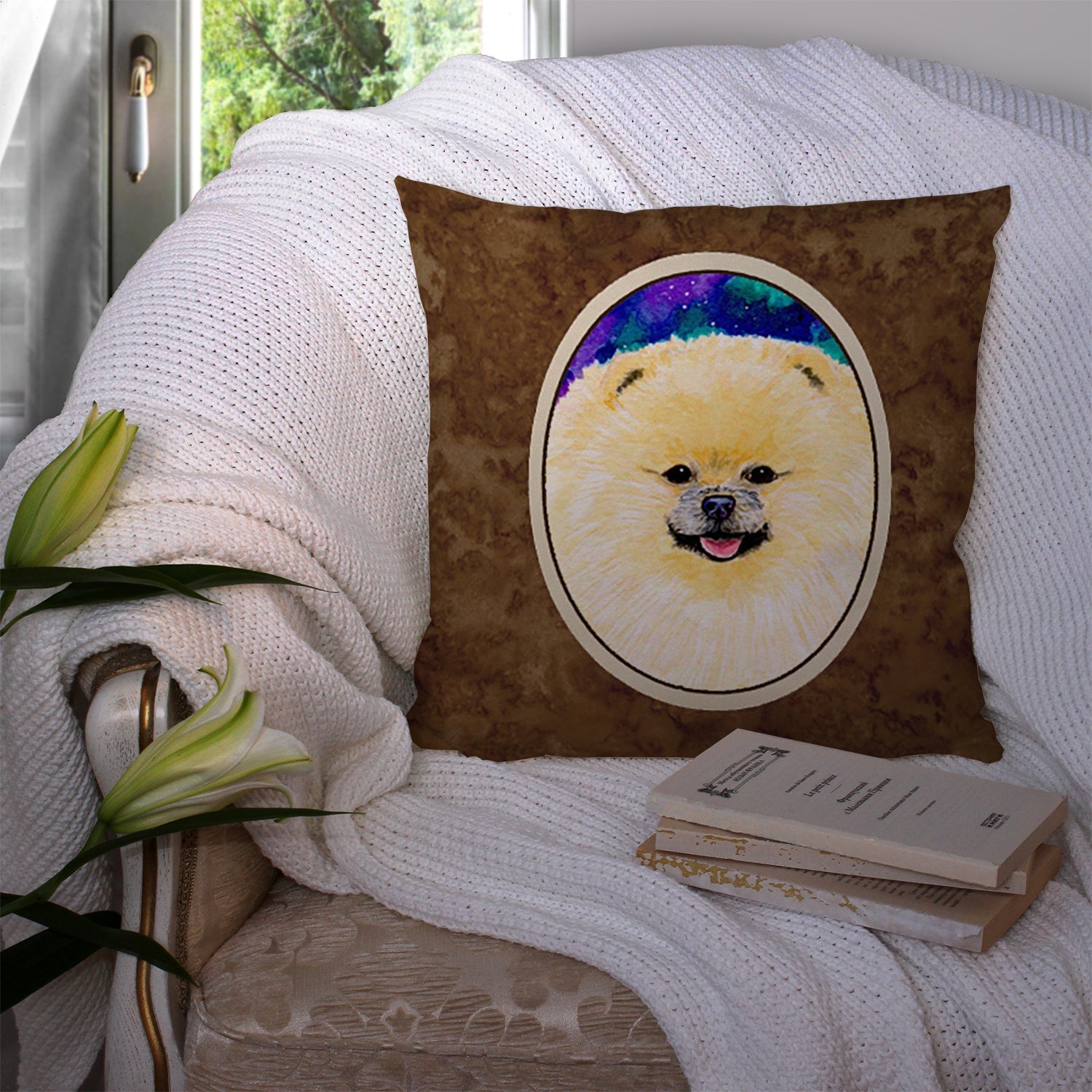 Pomeranian Decorative Throw Pillow 14x14 Indoor Outdoor Accent Cushion, Fabric Cover with Insert for Sofa, Bed, Porch & Living Room