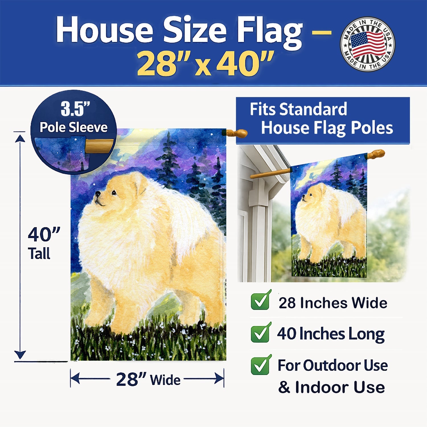 Pomeranian House Flag 28x40 Porch Sleeve Pole Decorative Outside Yard Banner Artwork Wall Hanging, Polyester