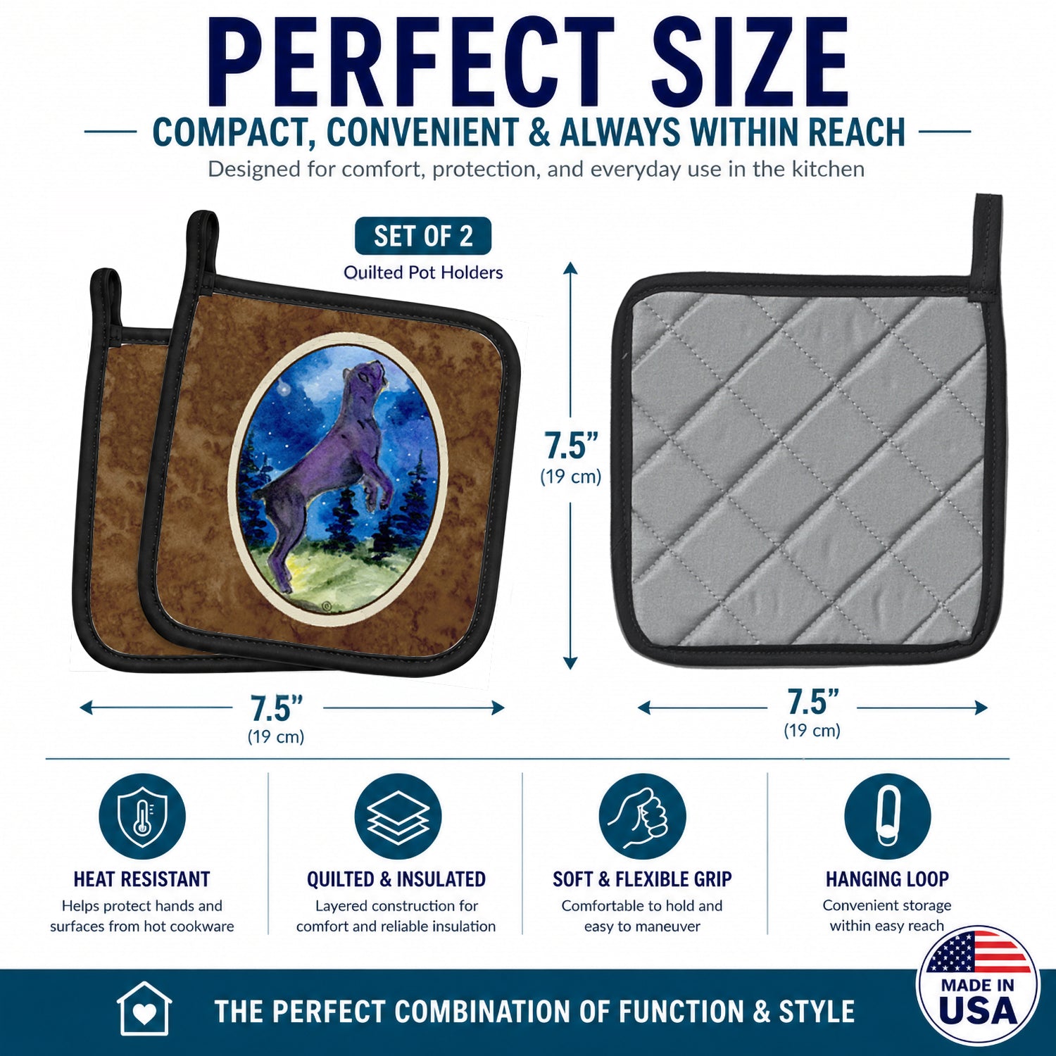 Cane Corso Pot Holder Set of 2 Heat Resistant Quilted Hot Pads 7.5 x 7.5 Inch, Insulated Kitchen Trivets for Cooking & Baking