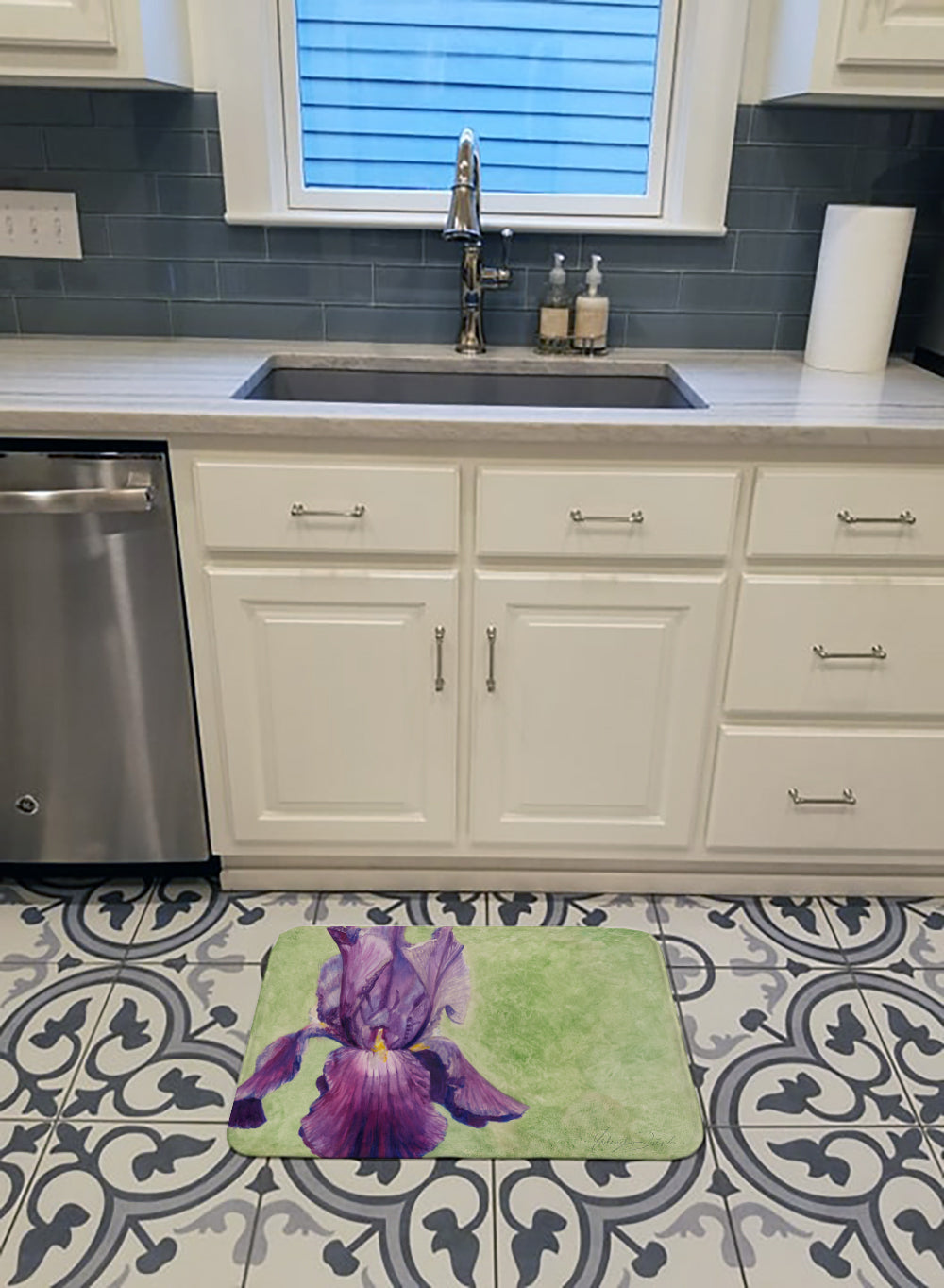 Purple Iris by Malenda Trick Memory Foam Kitchen Mat Machine Washable Anti-Fatigue Cushion Comfort Bath or Kitchen Rug