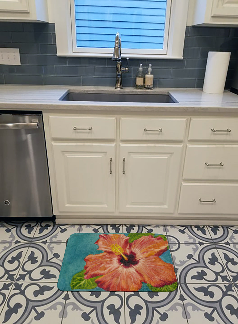 Coral Hibiscus by Malenda Trick Memory Foam Kitchen Mat Machine Washable Anti-Fatigue Cushion Comfort Bath or Kitchen Rug