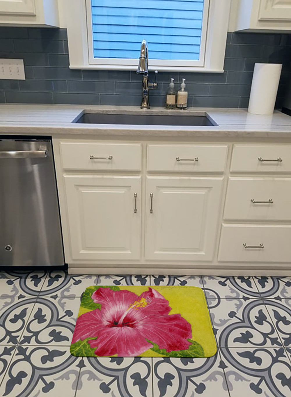 Hot Pink Hibiscus by Malenda Trick Memory Foam Kitchen Mat Machine Washable Anti-Fatigue Cushion Comfort Bath or Kitchen Rug