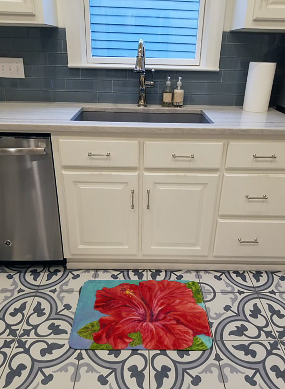 Red Hibiscus by Malenda Trick Memory Foam Kitchen Mat Machine Washable Anti-Fatigue Cushion Comfort Bath or Kitchen Rug