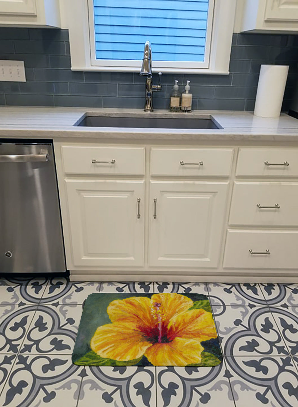 Yellow Hibiscus by Malenda Trick Memory Foam Kitchen Mat Machine Washable Anti-Fatigue Cushion Comfort Bath or Kitchen Rug