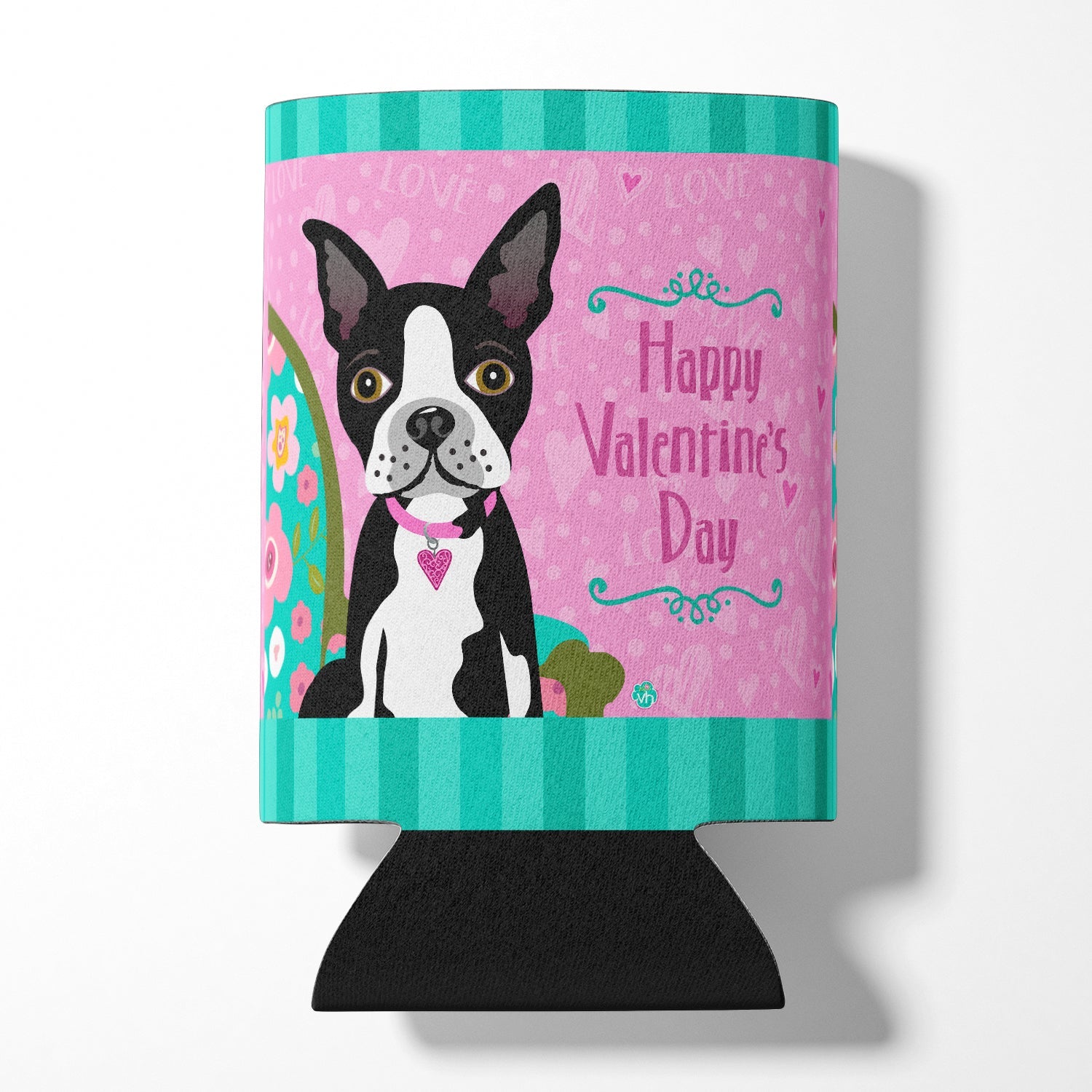 Happy Valentine's Day Boston Terrier Can or Bottle Hugger Cooler Sleeve for Standard 12 oz Cans, Insulated Foam Beer & Soda Can Hugger Reusable