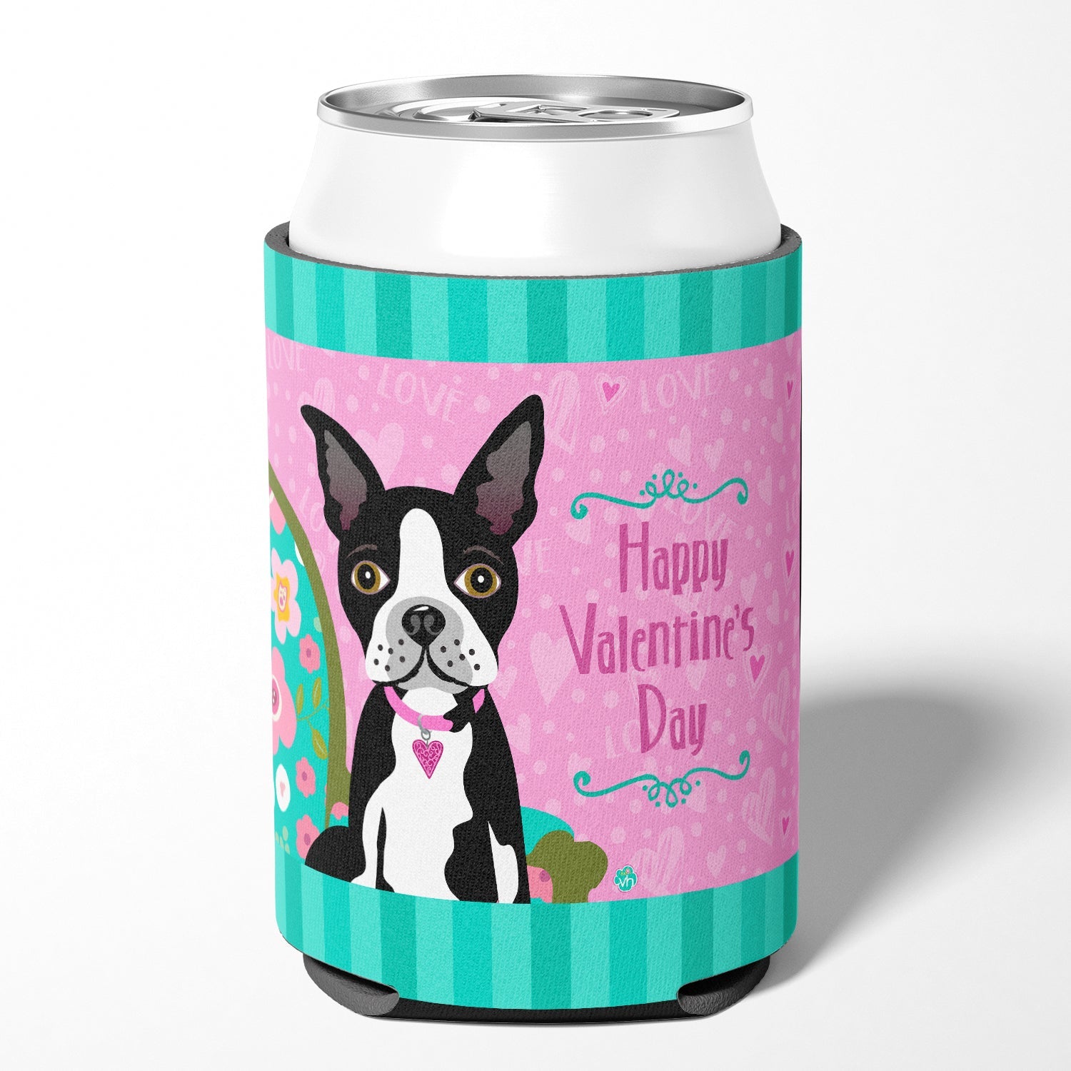 Happy Valentine's Day Boston Terrier Can or Bottle Hugger Cooler Sleeve for Standard 12 oz Cans, Insulated Foam Beer & Soda Can Hugger Reusable
