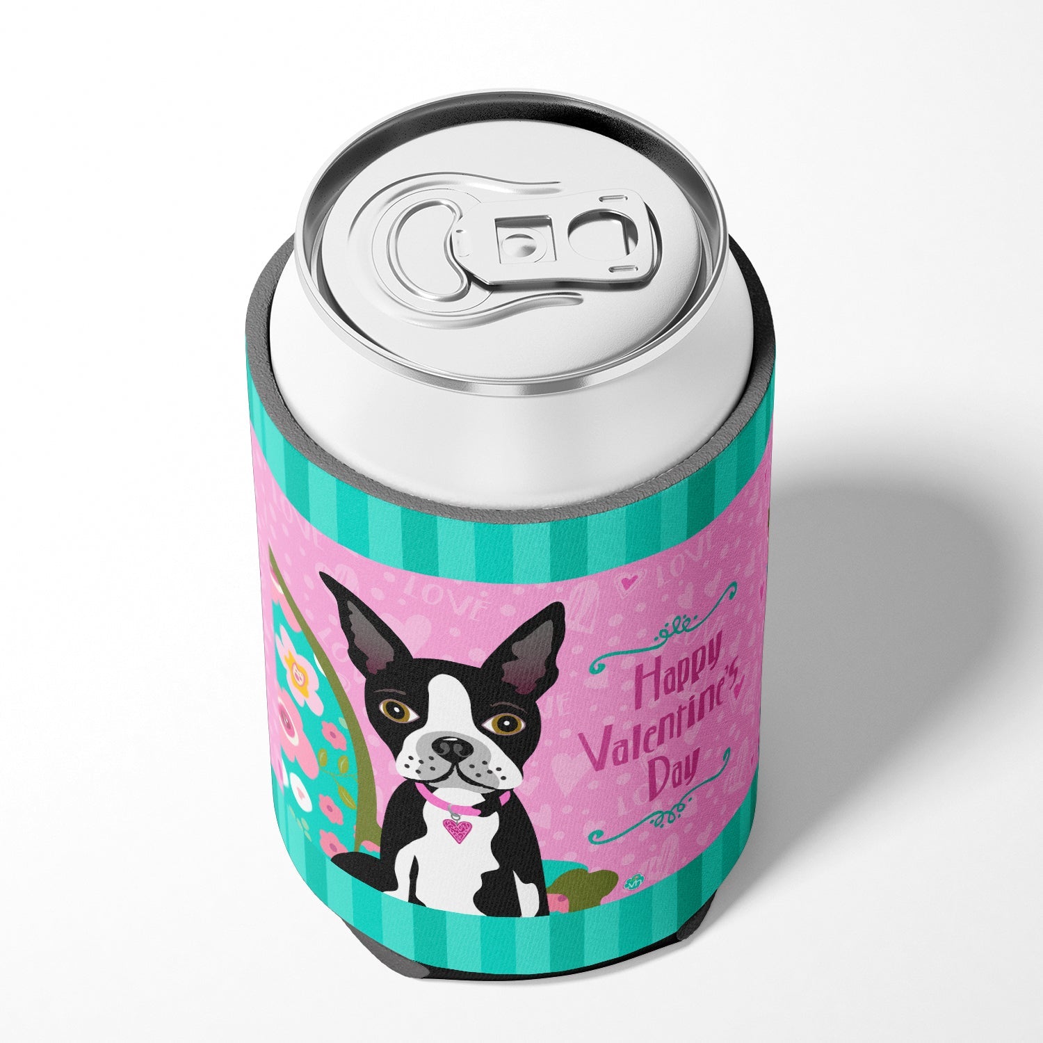 Happy Valentine's Day Boston Terrier Can or Bottle Hugger Cooler Sleeve for Standard 12 oz Cans, Insulated Foam Beer & Soda Can Hugger Reusable