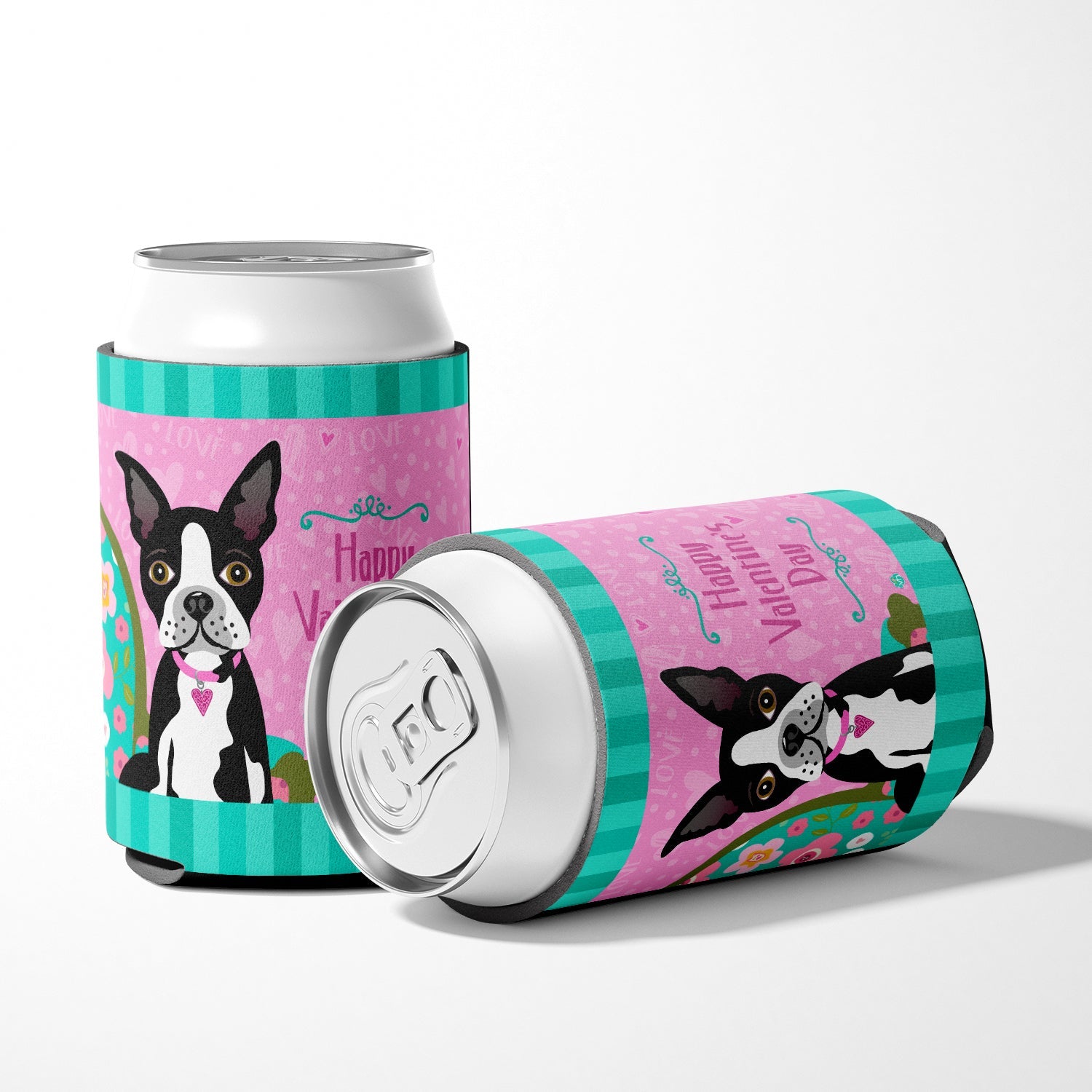 Happy Valentine's Day Boston Terrier Can or Bottle Hugger Cooler Sleeve for Standard 12 oz Cans, Insulated Foam Beer & Soda Can Hugger Reusable