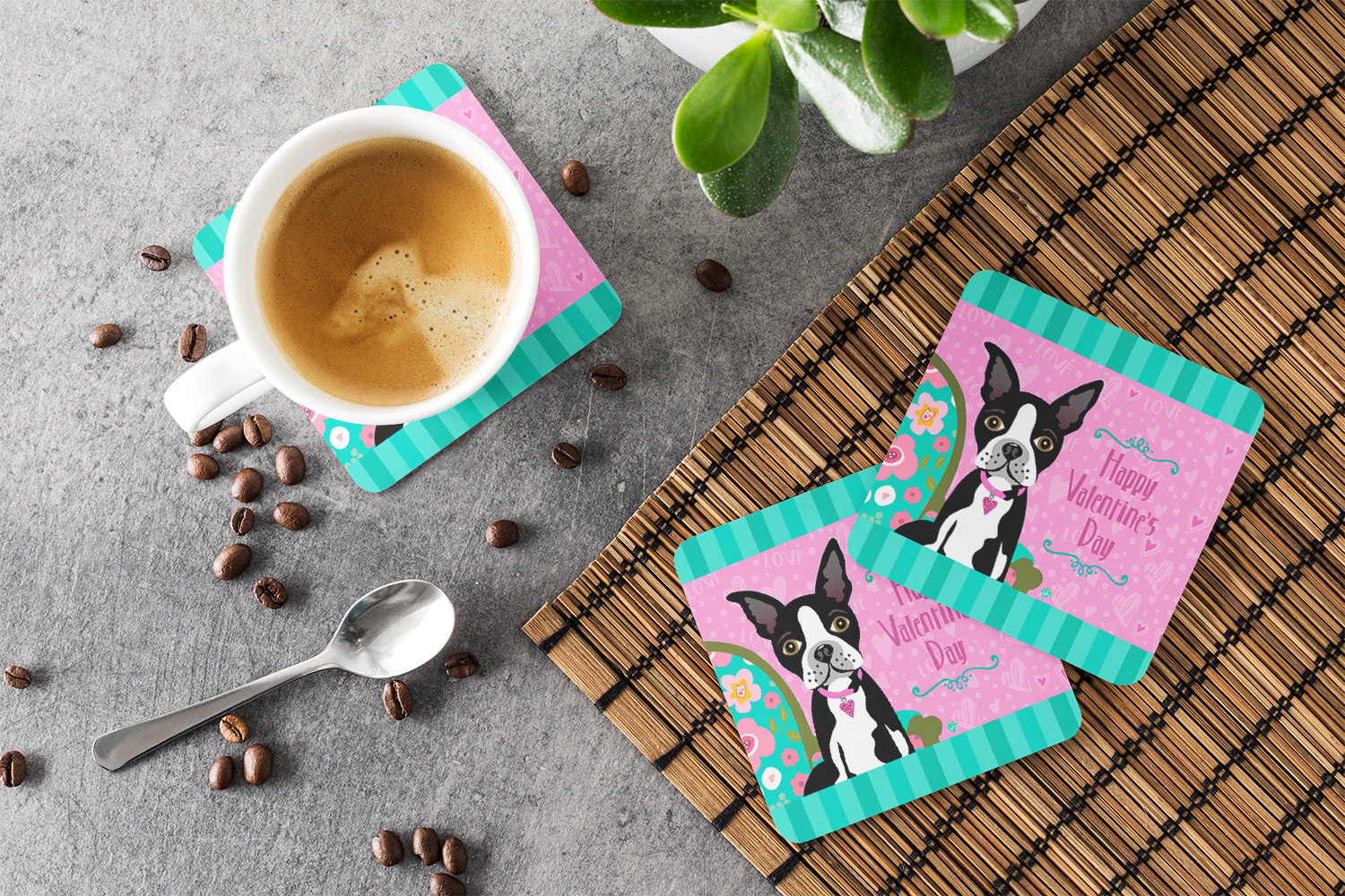 Happy Valentine's Day Boston Terrier Foam Coasters Set of 4 Cup Coasters for Indoor Outdoor, Tabletop Protection, Anti Slip, Mouse pad Material