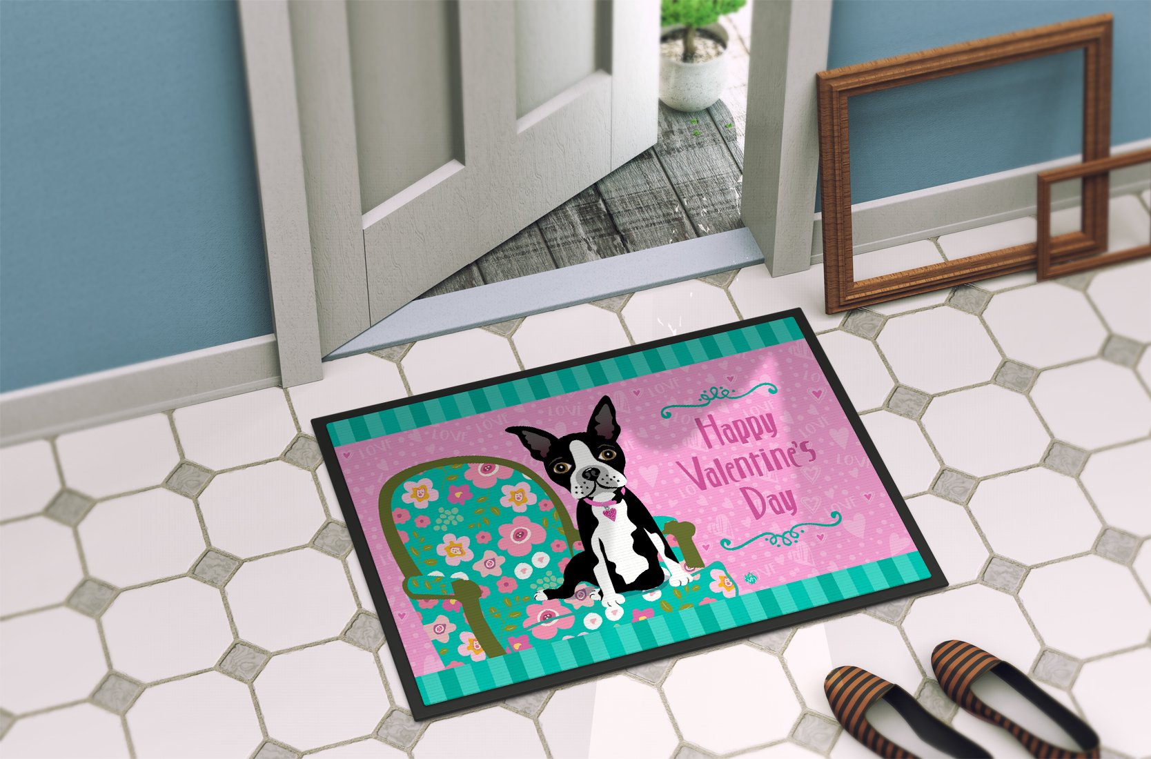 Happy Valentine's Day Boston Terrier Doormat Indoor Outdoor 24H X 36W Front Door Mat Rugs for Entryway, Non Slip Washable Low Pile,