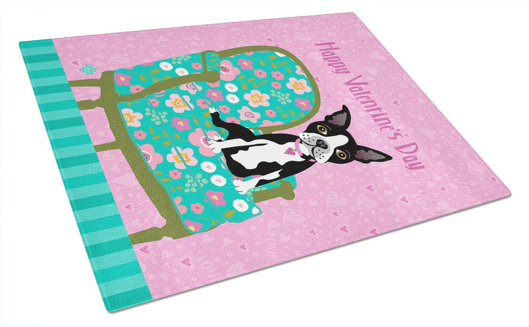 Happy Valentine's Day Boston Terrier Cutting Board Tempered Glass Kitchen Cutting Surface, Heat Resistant Chopping, Non-Slip Feet, Food Prep & Serving