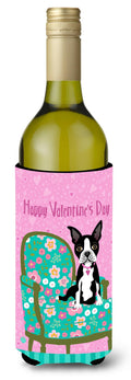 Happy Valentine's Day Boston Terrier Wine Bottle Hugger Gift Sleeve for Standard 750 ml Bottles, Insulated Reusable Also Fits Mini Shot & Pint Bottles