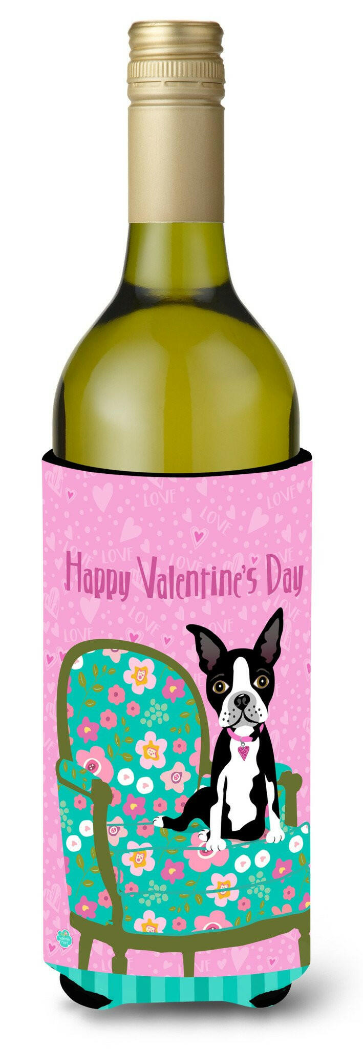 Happy Valentine's Day Boston Terrier Wine Bottle Hugger Gift Sleeve for Standard 750 ml Bottles, Insulated Reusable Also Fits Mini Shot & Pint Bottles