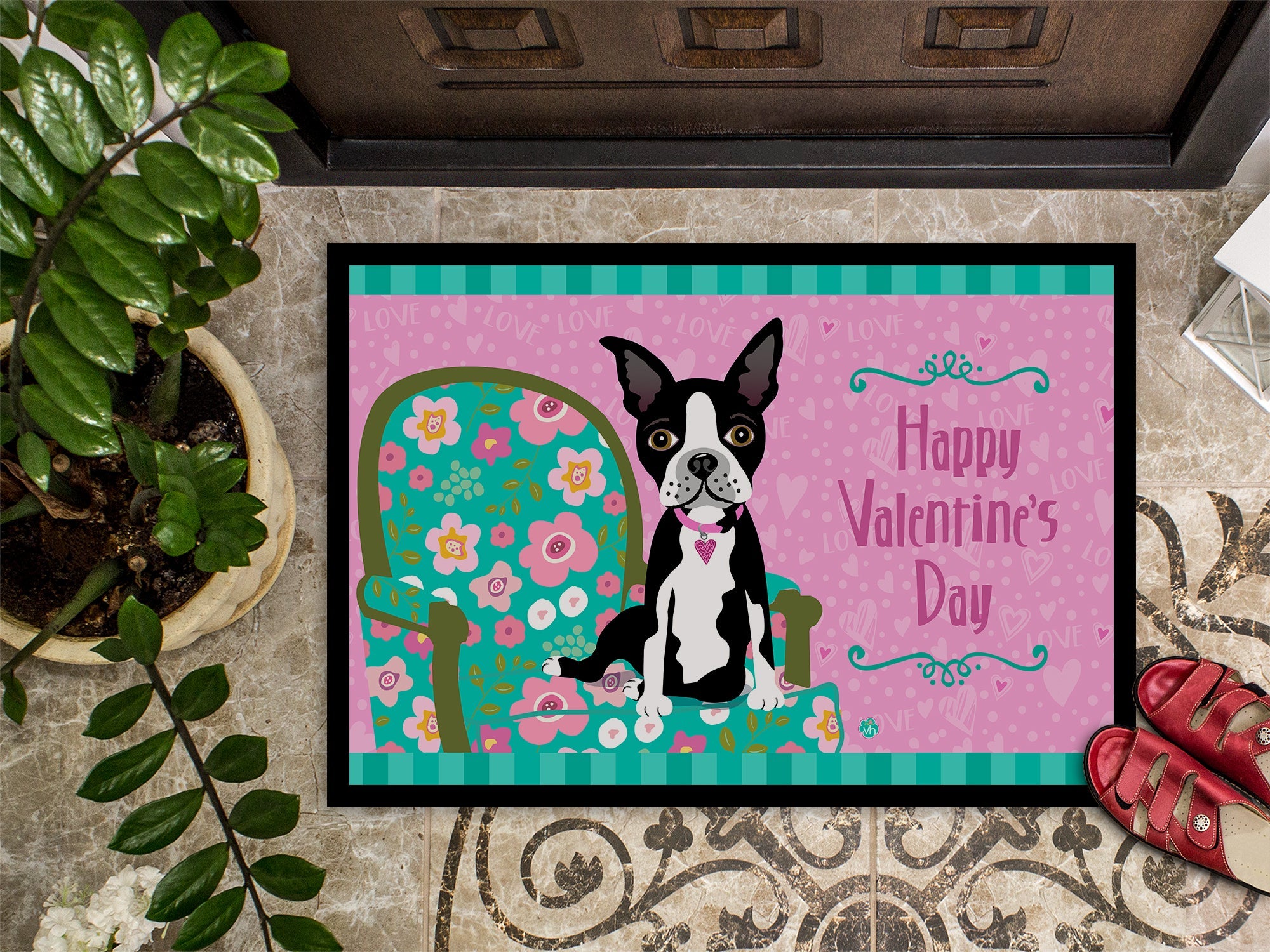 Happy Valentine's Day Boston Terrier Doormat Indoor Outdoor 18H X 27W Front Door Mat Rugs for Entryway, Non Slip Washable