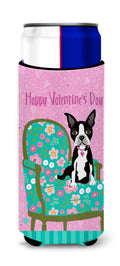 Happy Valentine's Day Boston Terrier Slim Can Hugger , Insulated Foam Hugger for 12 oz Slim Cans, Beer Bottles & Water Bottles, Printed in USA
