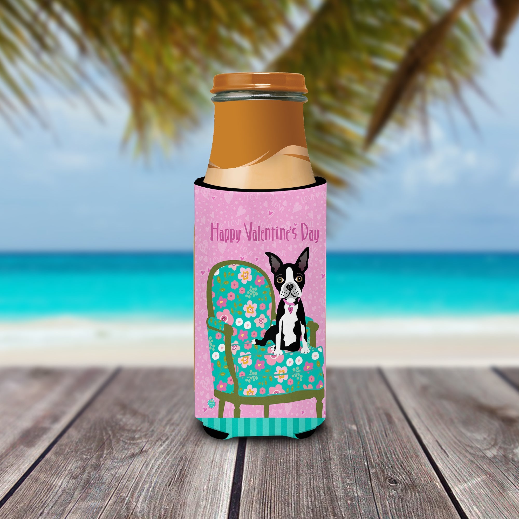 Happy Valentine's Day Boston Terrier Slim Can Hugger , Insulated Foam Hugger for 12 oz Slim Cans, Beer Bottles & Water Bottles, Printed in USA