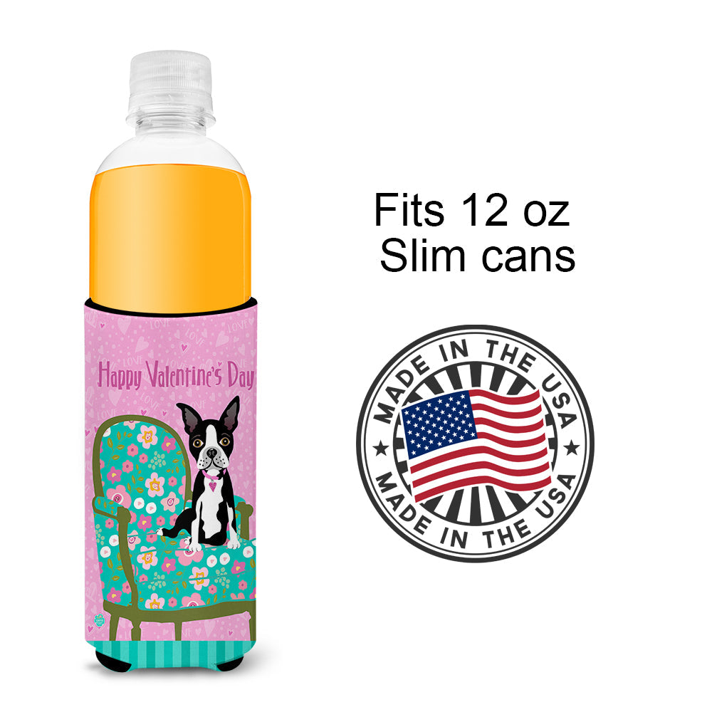 Happy Valentine's Day Boston Terrier Slim Can Hugger , Insulated Foam Hugger for 12 oz Slim Cans, Beer Bottles & Water Bottles, Printed in USA