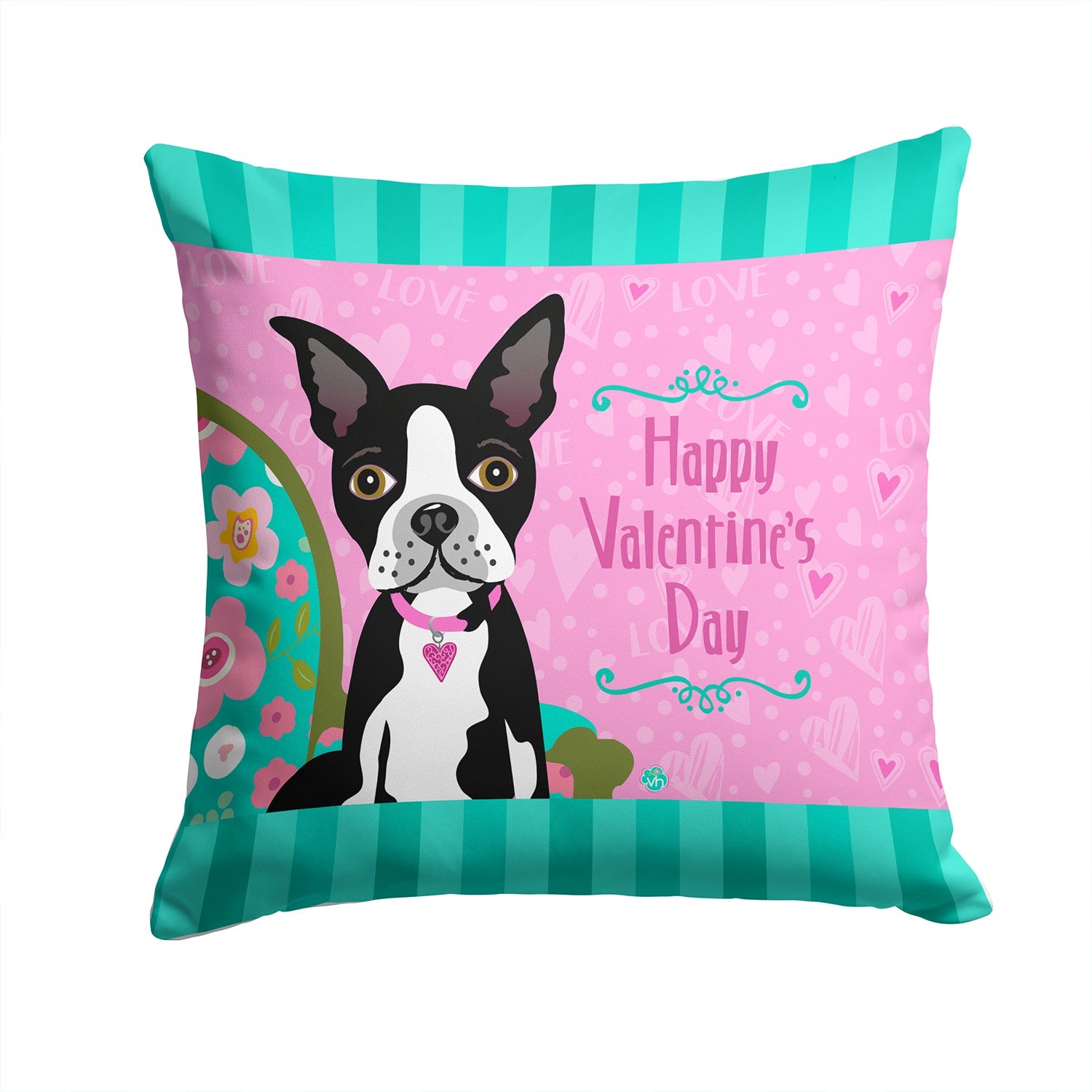 Happy Valentine's Day Boston Terrier Decorative Throw Pillow 14x14 Indoor Outdoor Accent Cushion, Fabric Cover with Insert for Sofa, Bed, Porch & Living Room