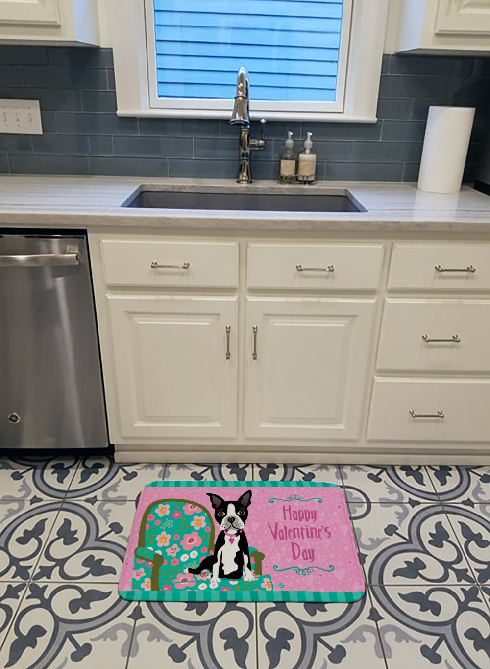 Happy Valentine's Day Boston Terrier Memory Foam Kitchen Mat Machine Washable Anti-Fatigue Cushion Comfort Bath or Kitchen Rug